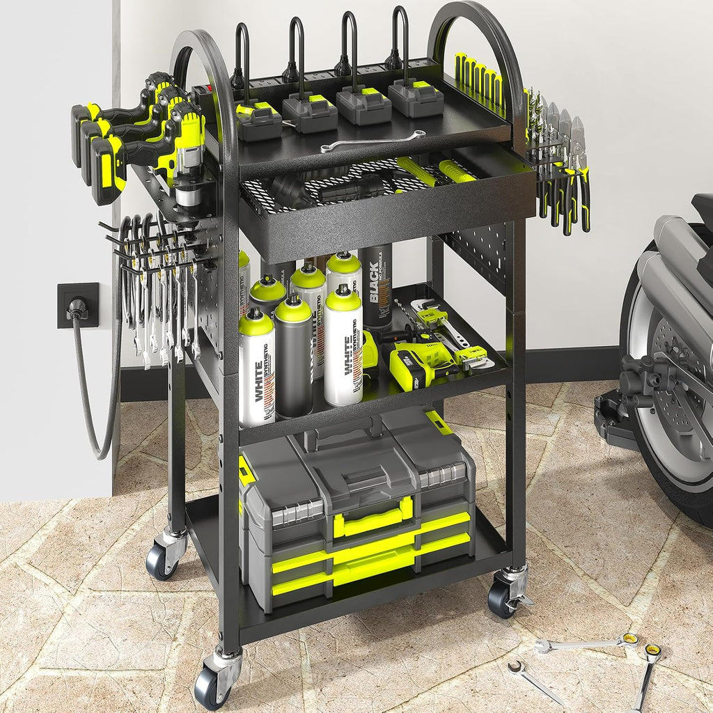 KAFAHOM Power Tool Organizer - 4 Tier Rolling Tool Cart with 8-12 Drill Holder,Tool Storage Cart on Wheels - Heavy Duty Metal Utility Tool Shelf for Garage, Workshop, Warehouse & Repair Shop