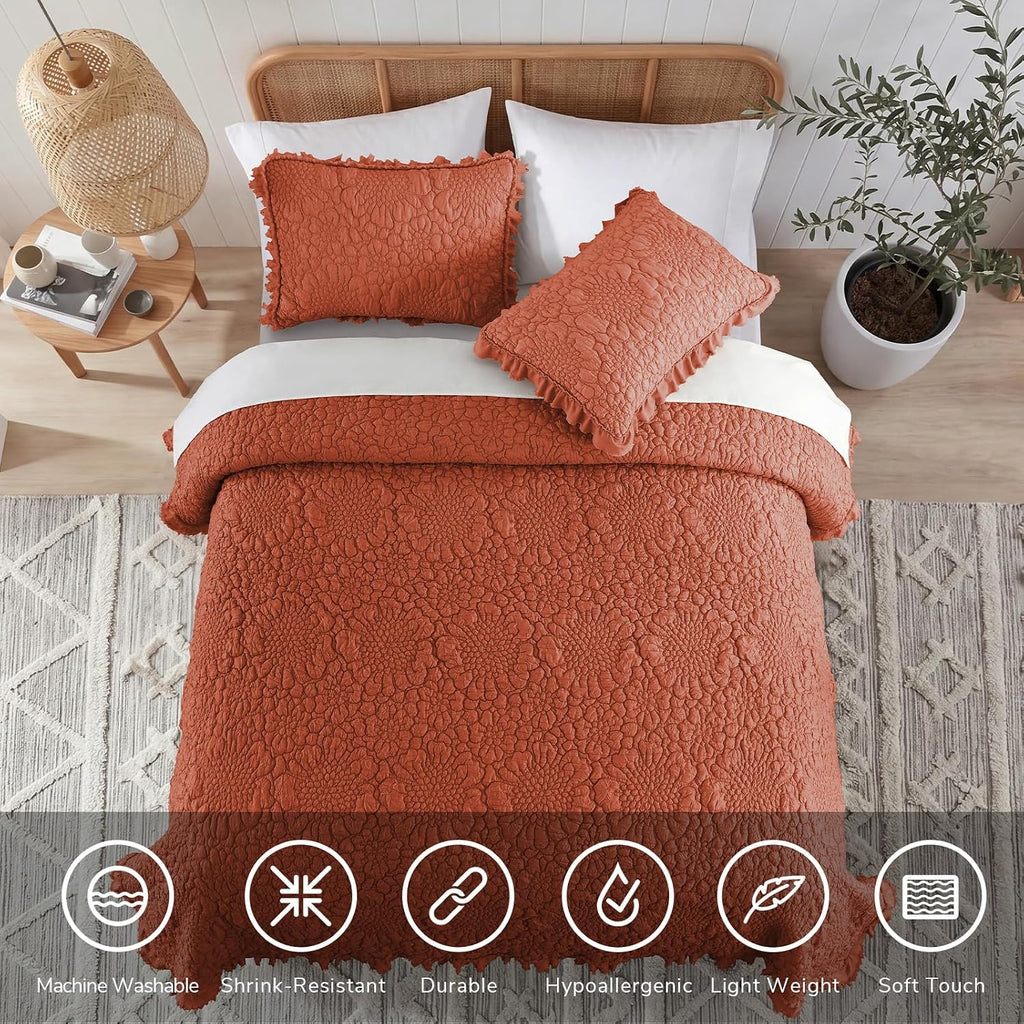 HORIMOTE HOME Shabby Chic Quilt Set Queen Size, Burnt Orange, 90x96 inches