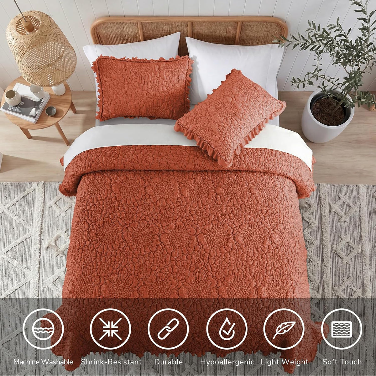 HORIMOTE HOME Shabby Chic Quilt Set Queen Size, Burnt Orange, 90x96 inches