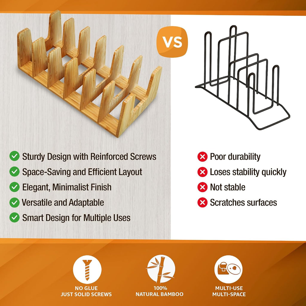 Kitchen Cabinet Organizer - Sturdy Bamboo Pot and Pan Organizer for Under Cabinet - Multiuse Lid Organizer - Durable & Minimalist Lid Holder