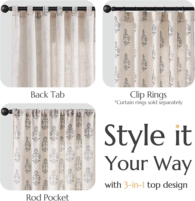 jinchan Linen Floral Curtains for Living Room 63 Inch Length Black Flower - Image 6