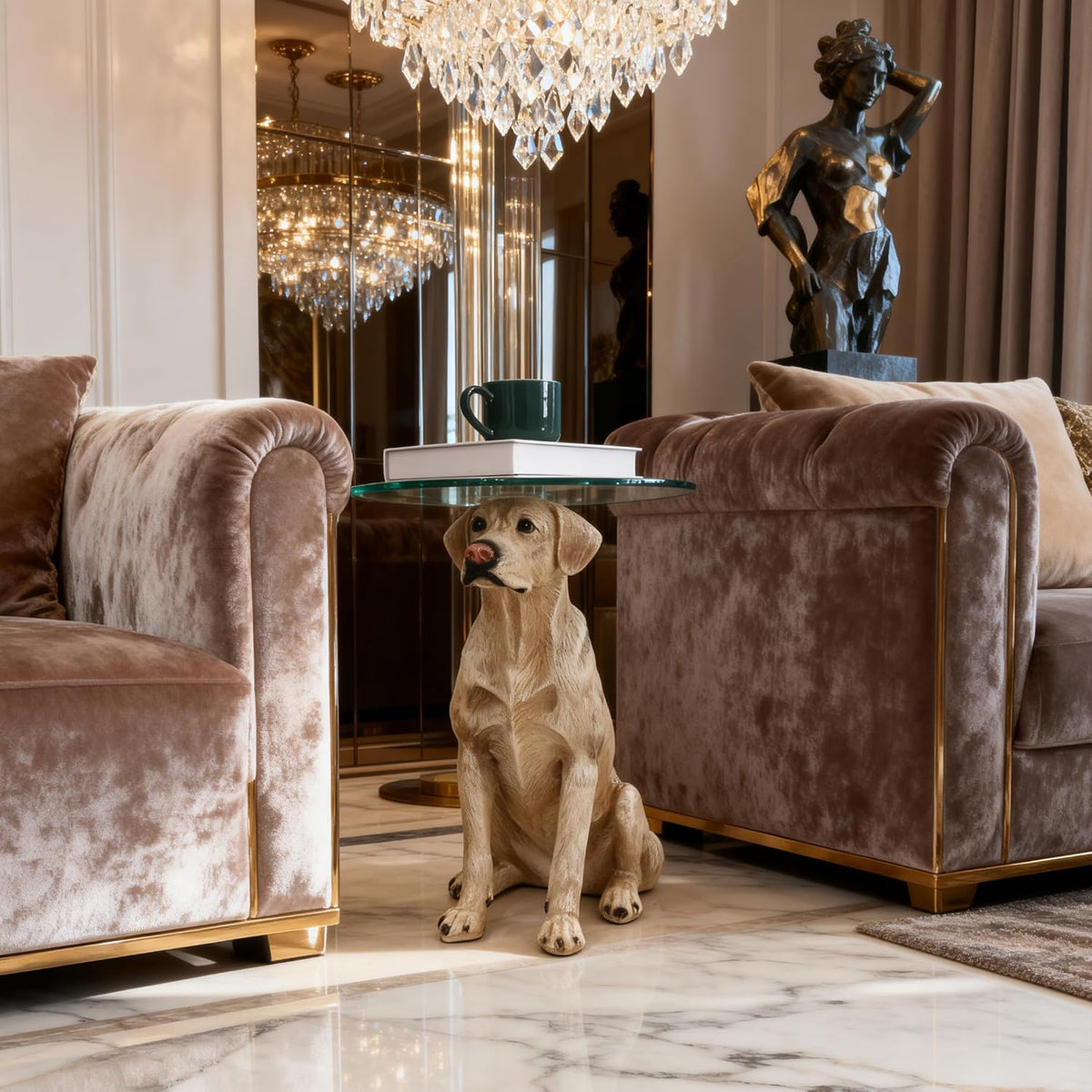 Dog Statue Side Table, 13-inch Tempered Glass Top End Table
