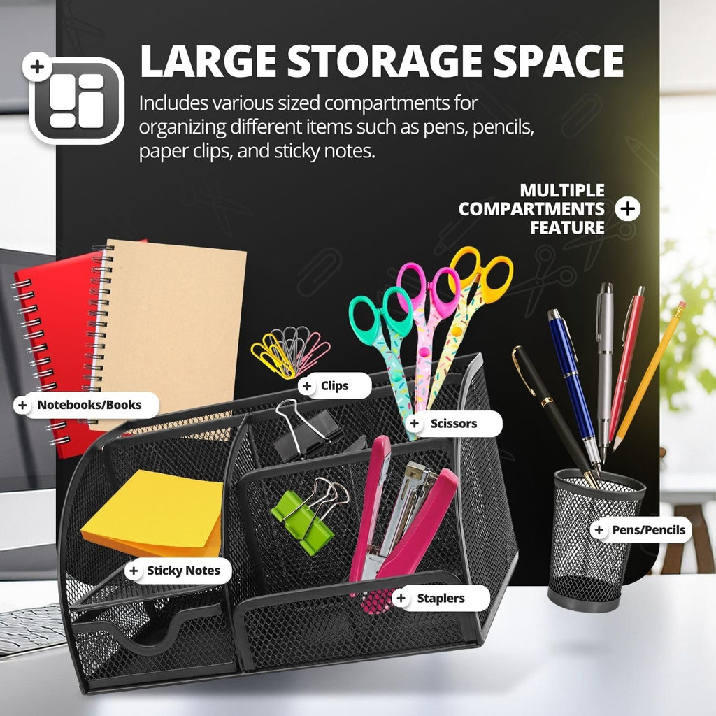 Flexzion Desk Caddy Organizer Set (Black) - Metal Mesh Desktop Caddy with Drawers, 6 Compartments, and Pencil Holder for Women & Men - Desktop Organizer and Storage for Work or Office Supplies
