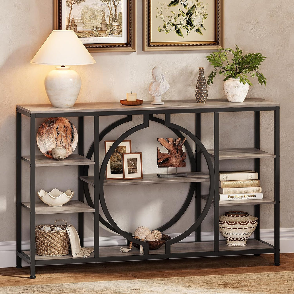 GiftGo 47" Industrial Console Tables for Entryway Rustic Sofa Table Behind Couch 4 Tier Wooden Shelves Entry Table with Storage for Foyer, Hallway, Front Door,Living Room (Retro Grey, 47")