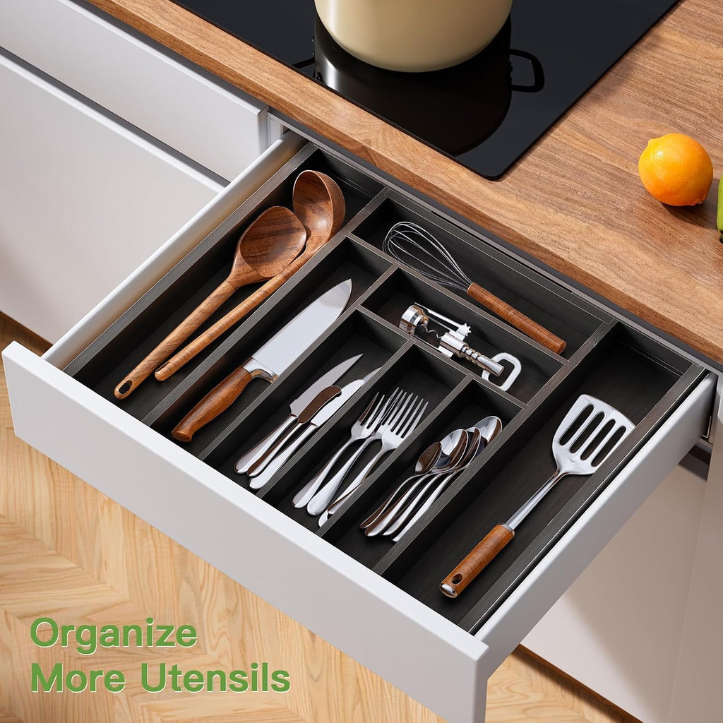 Pipishell Expandable Bamboo Silverware Drawer Organizer, Black, Large