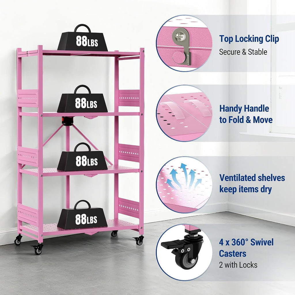 WORKPRO 4-Tier Folding Shelf, No-Assembly Metal Storage Rack with Wheels, 600 lbs Capacity (with Leveling Feet), Collapsible Shelving Unit for Kitchen, Pantry, Closet & Craft Shows - Pink