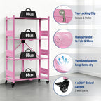 WORKPRO 4-Tier Folding Shelf, No-Assembly Metal Storage Rack with Wheels, 600 lbs Capacity (with Leveling Feet), Collapsible Shelving Unit for Kitchen, Pantry, Closet & Craft Shows - Pink