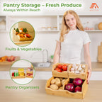 HOMESTEAD Bamboo Pantry Storage Bins – Stackable Potato & Onion Storage Bin for Kitchen Countertop, Pantry Organizer, Fruit Vegetable Basket, Multiuse - Set of 3 Slide-Out Access