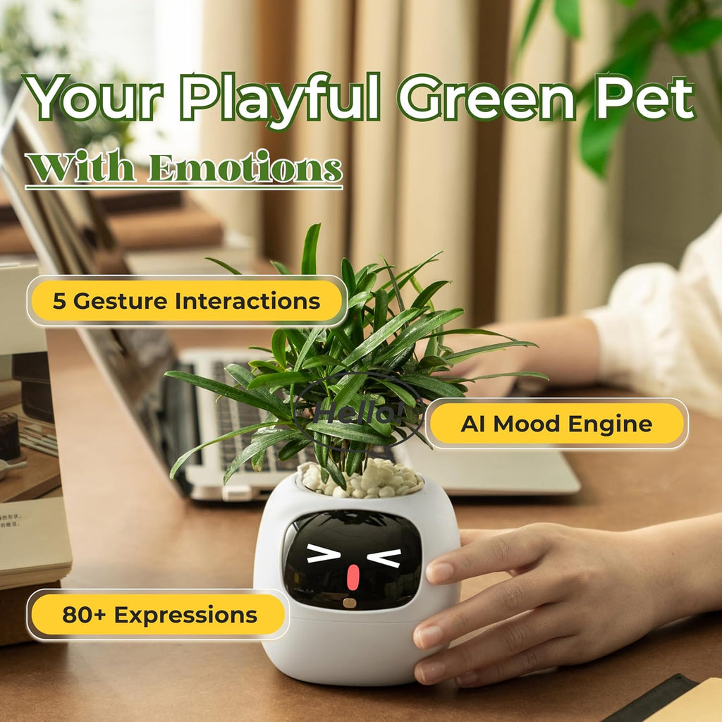 Ivy AI Smart Planter Intelligent Flower Pot for Home Decoration Plants Companion Neat Desk Setup Gift Pet Planter Robot Guidance on Plant Care with Emojis (Cream)