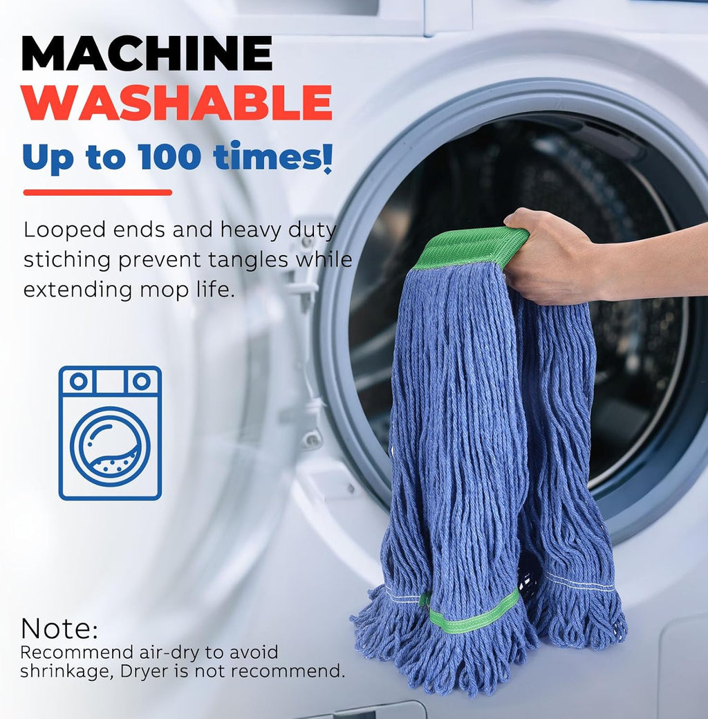 Onesimus 18 oz Heavy Duty Mop Head Replacement, 5 Inch Headband for Quick Change Handle, Blue Loop-End Cotton Blend String Wet Dry Floor Mop Refill Commercial Cleaning Supplies, 3 Pack Medium