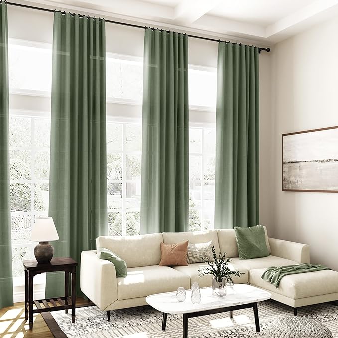 130 Inch Extra Long Curtain for Floor to Ceiling High Window Olive Green Linen - Image 6