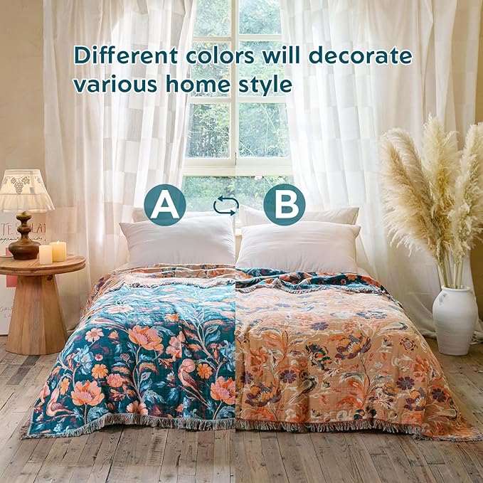 MSGKV Boho Throw Blanket for Couch 50"x60" Cotton Birds Floral Blanket Sofa - Image 3