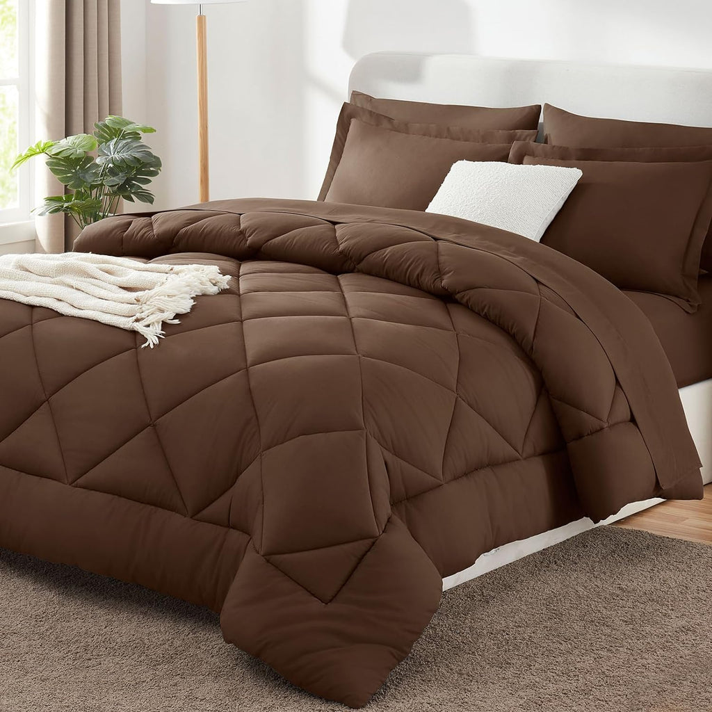 CozyLux Queen Comforter Set 88"x88" Brown - 7 Piece Bed in a Bag