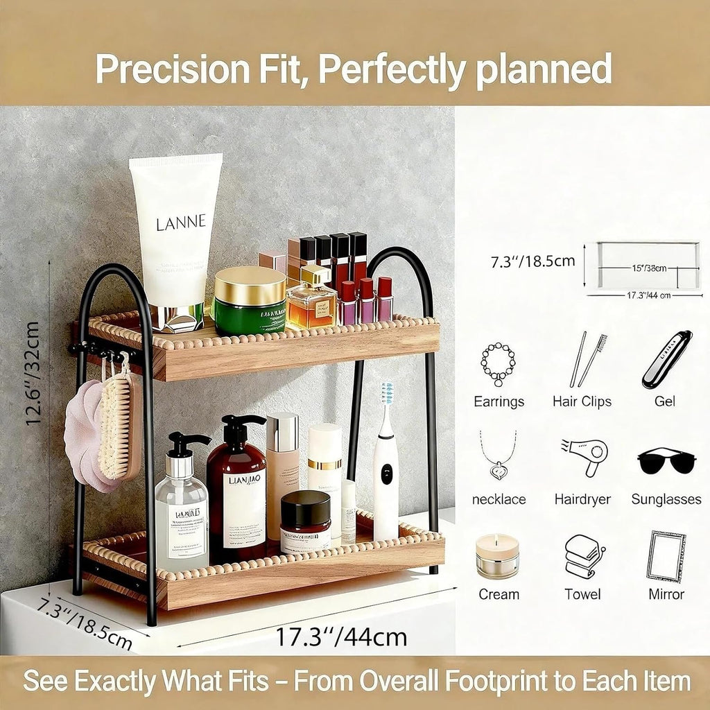 Bathroom Organizer Countertop Tall 2-Tier Waterproof 20+ Bottles 8 Hooks