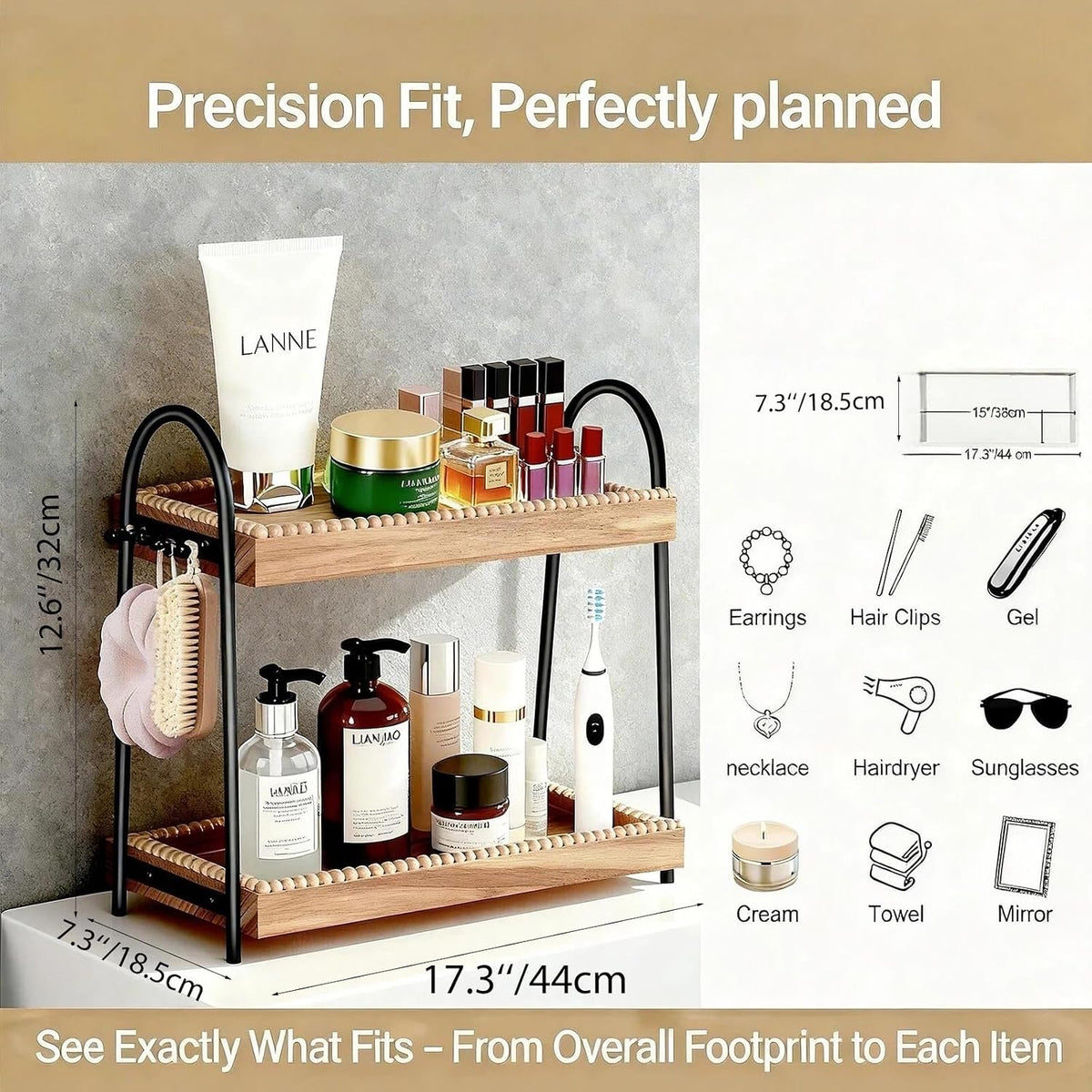 Bathroom Organizer Countertop Tall 2-Tier Waterproof 20+ Bottles 8 Hooks