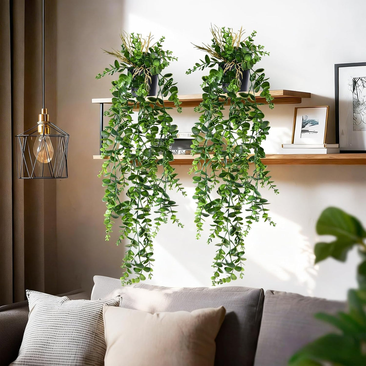 Artificial Hanging Plant 2 Pcs Faux Eucalyptus Vine Ivy Vine Faux Plant Fake Potted Greenery for Wall Living Room Home Shelf Office Bathroom Outdoor Indoor Decor (Type 2)