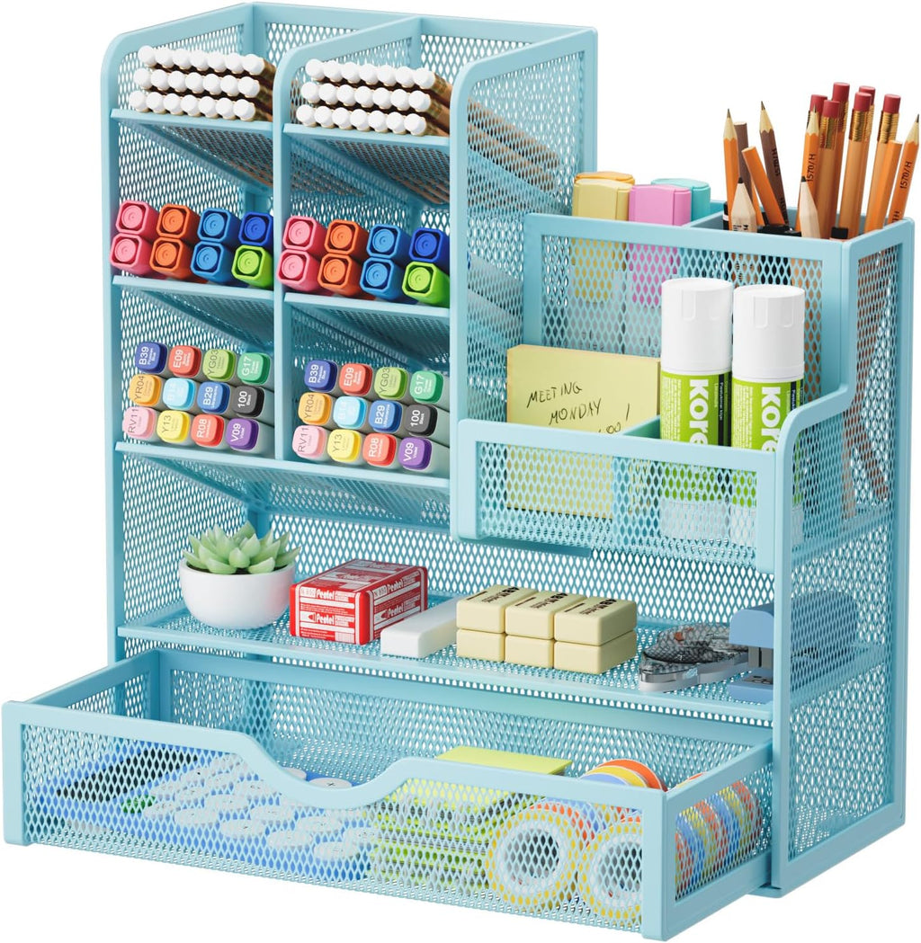 Marbrasse Mesh Pen Holder for Desk, Multi-Functional Pencil Organizer with Drawer, Desk Organizers and Accessories for Office Art Supplies (Blue)