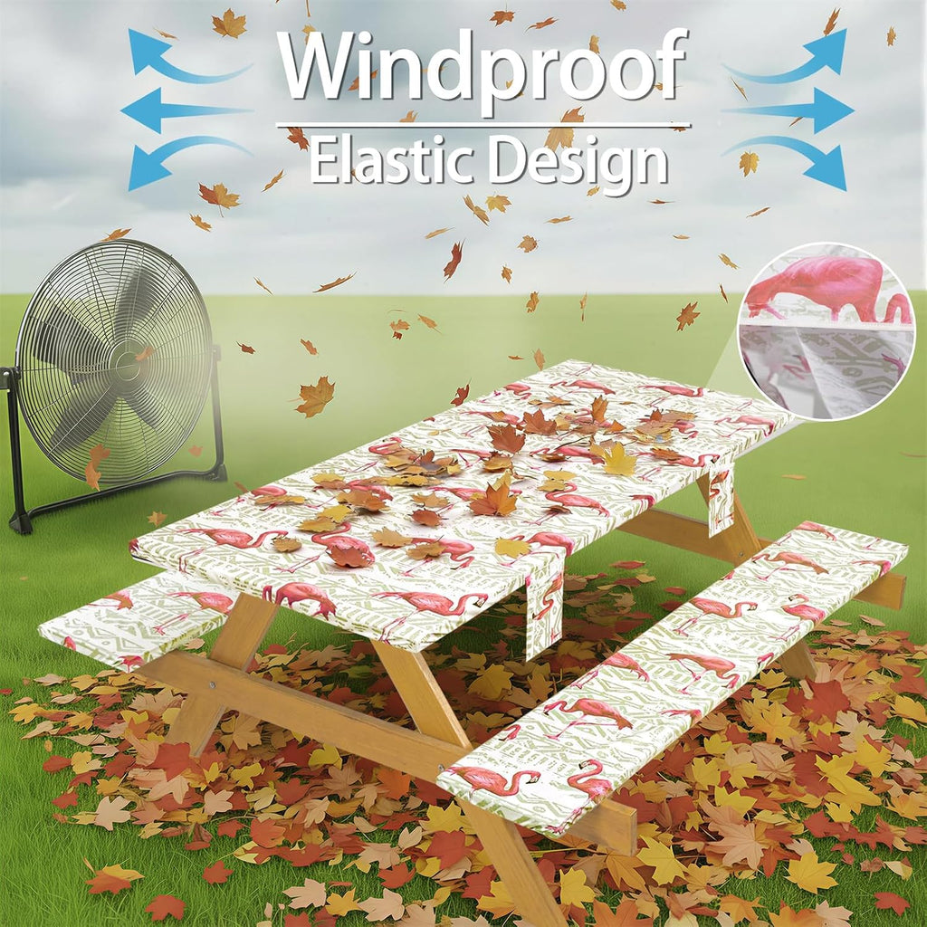 Fitted Waterproof Picnic Table Cover with Bench Covers Heavy Duty Elastic Outdoor Camping Tablecloth for 6 Foot Rectangle Tables Summer Rv Accessories Patio Garden Road Trip Essentials Gifts