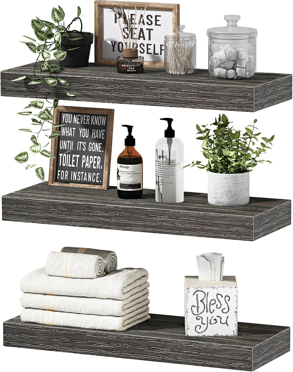 QEEIG Floating Shelves for Wall Small Shelf (Grey, Set of 3, 15.7" x 6.7")