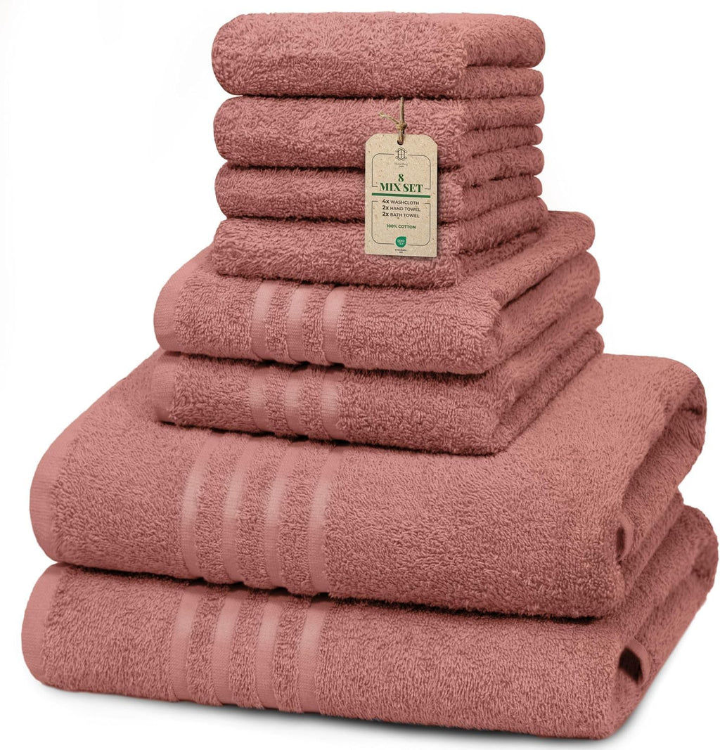 CORE 8-Piece Cotton Towel Set for Bathroom | Value Pack, Soft, Absorbent, Lightweight, Minimalist — 2 Bath Towels (27x54 in), 2 Hand Towels (16x24 in) & 4 Washcloths (12x12 in), Dune Red