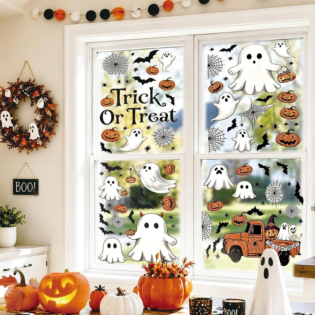 24 Sheets Halloween Thanksgiving Christmas Winter Window Clings Decals Ghost Pumpkin Turkey Santa Claus Snowman Stickers Decor for Indoor Holiday Party Decorations Favors School Home Store Glass Door