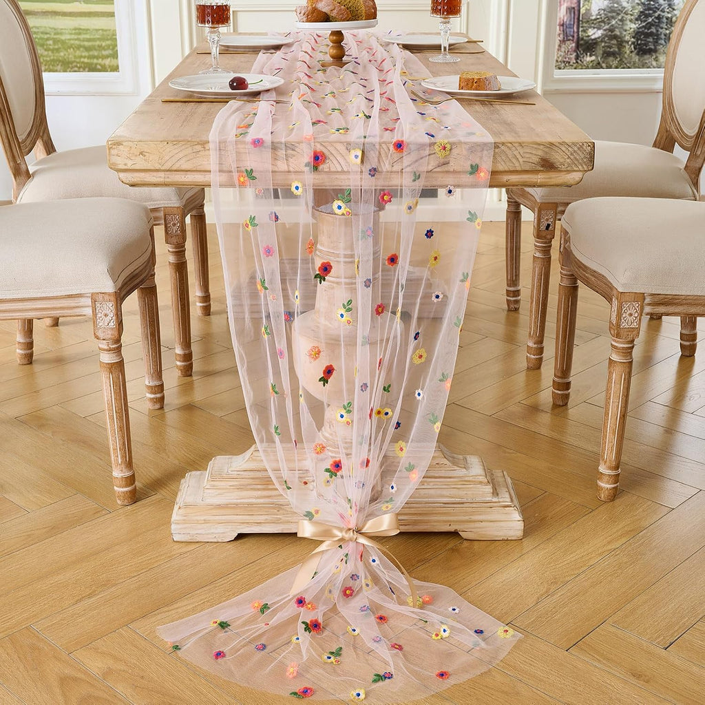 BINBE 6pcs Pink Daisy Spring Table Runner Embroidery Gauze 10FT Florals Seasonal Tulle Holiday Birthday Kitchen Dining Table Decor for Home Party