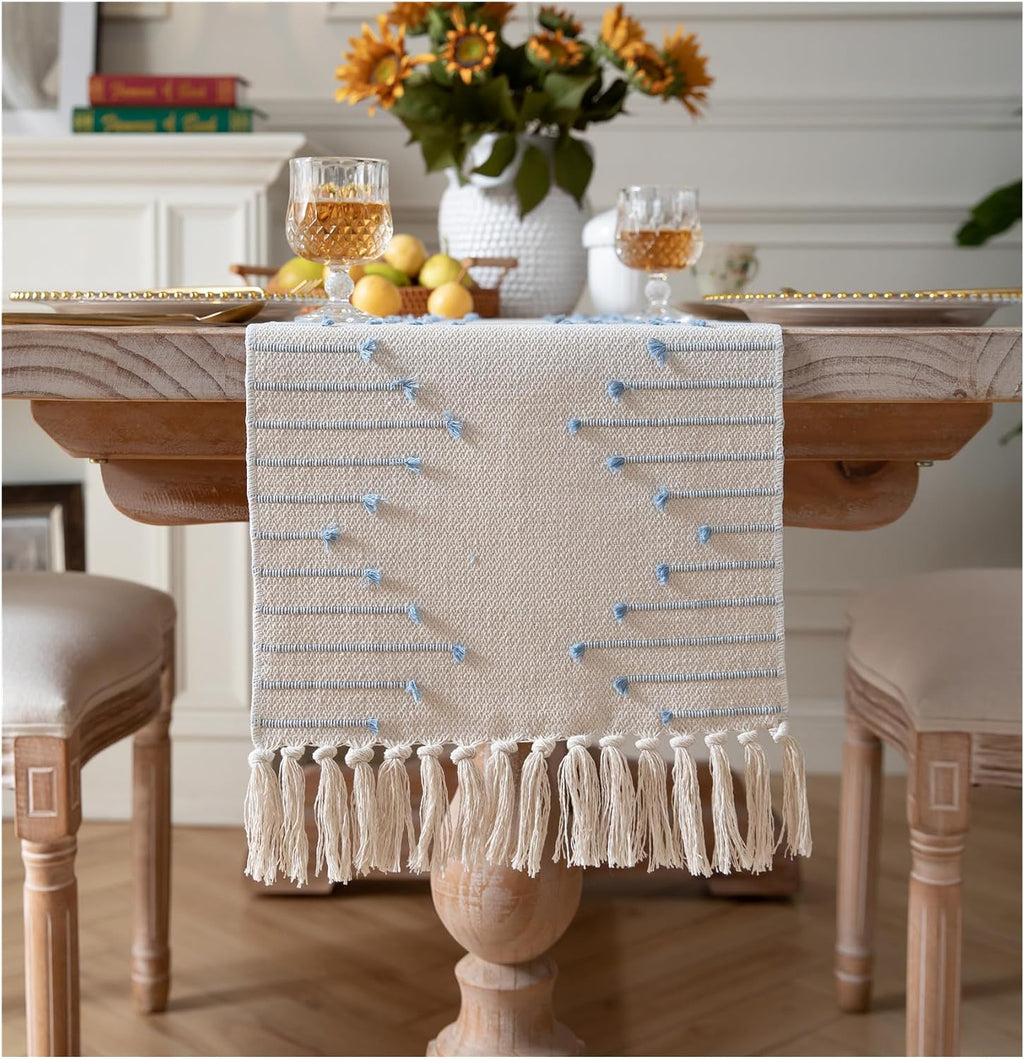 Caflife Taupe Beige Cotton Linen Rustic Boho Table Runner 13 x 90 Inch Long