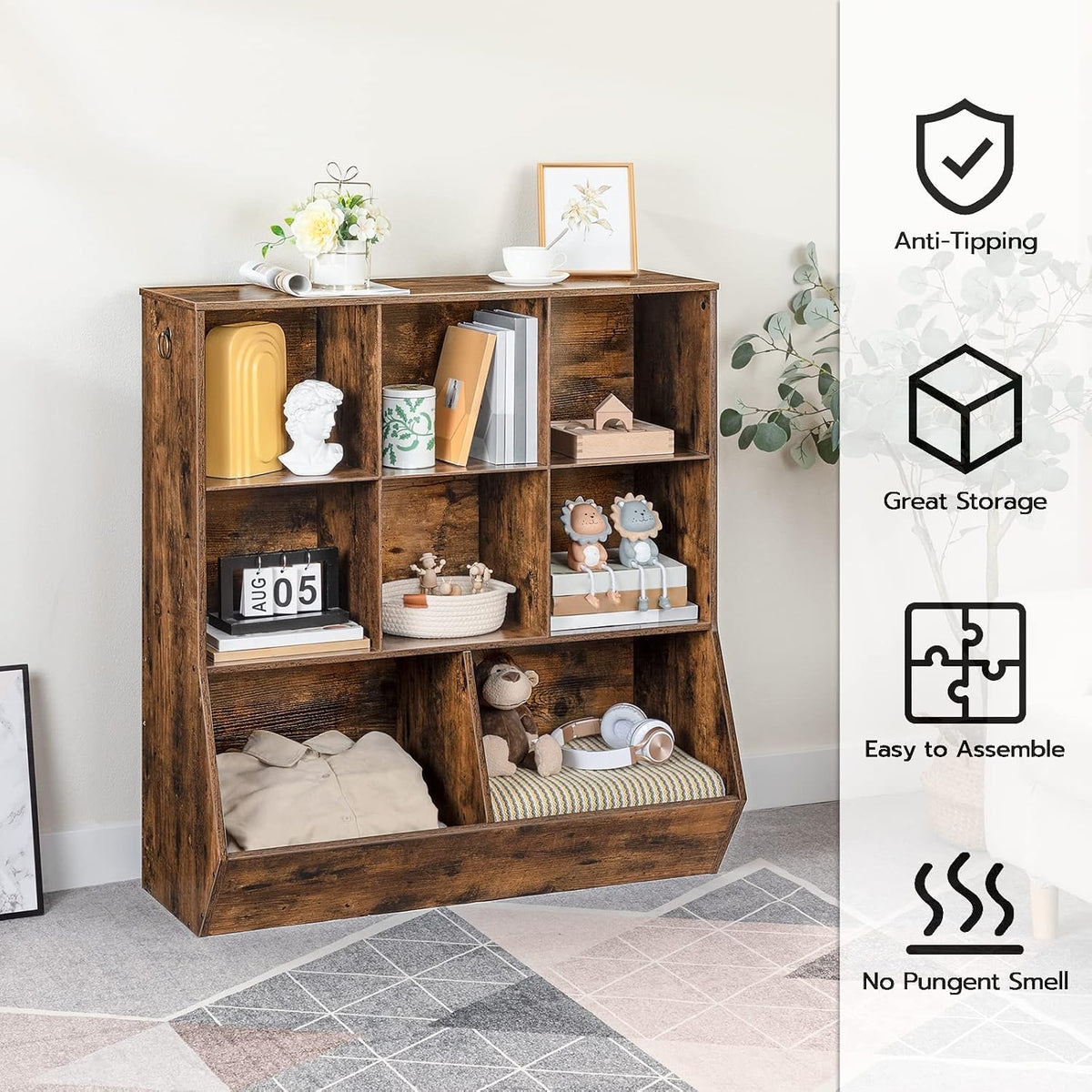 HOOBRO Kids Bookshelf, Toy Storage Cabinet, Kids Toy Organizer, 8 Cubicles, Bookcase Footboard, Bookshelf for Kids, for Playroom, Bedroom, Nursery, School, Rustic Brown FG35CW01G1
