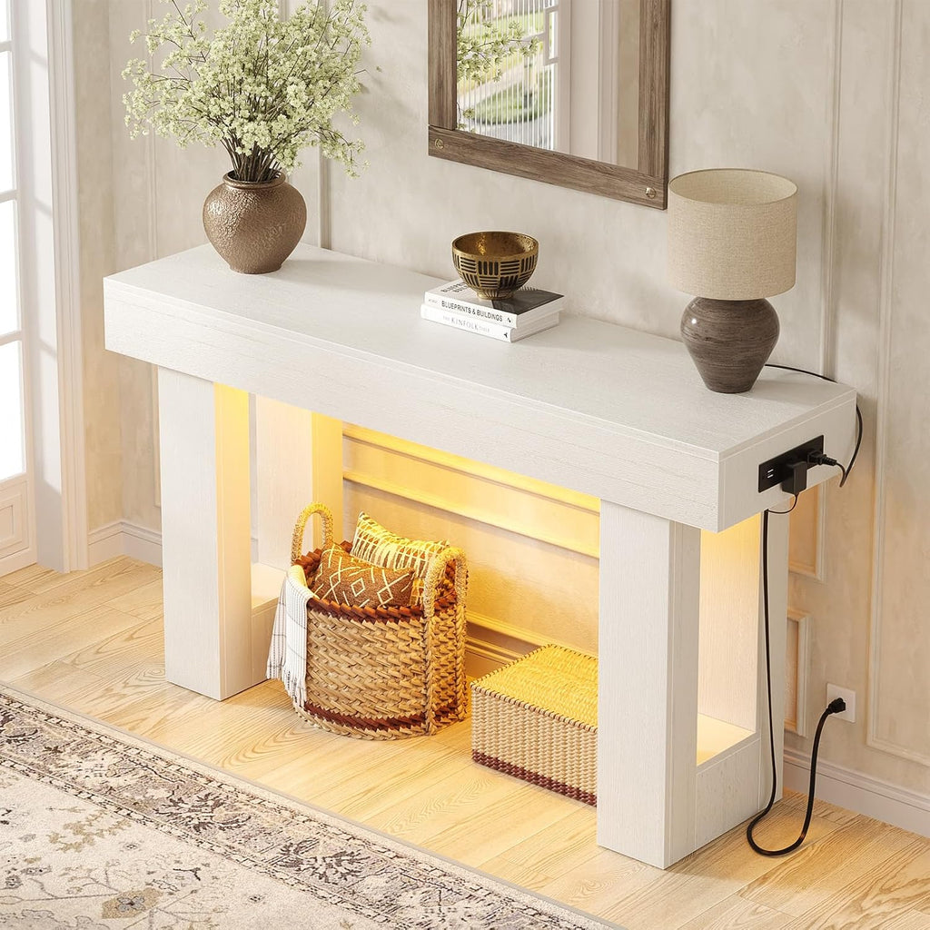 Unikito 47" Entryway Table with Sensor Light and Outlets, Rustic White
