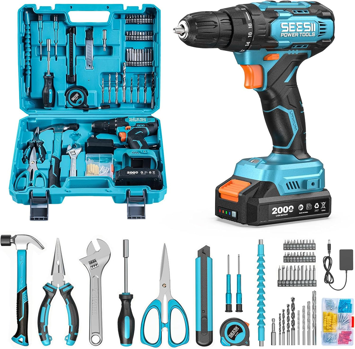 Seesii 20V Power Drill Set, 183Pcs Tool Kit with Toolbox for Home DIY