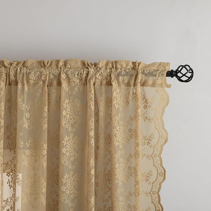 YJ YANJUN Vintage Lace Curtains 63 Inch Length 2 Panels Earthy Neutral Taupe - Image 2