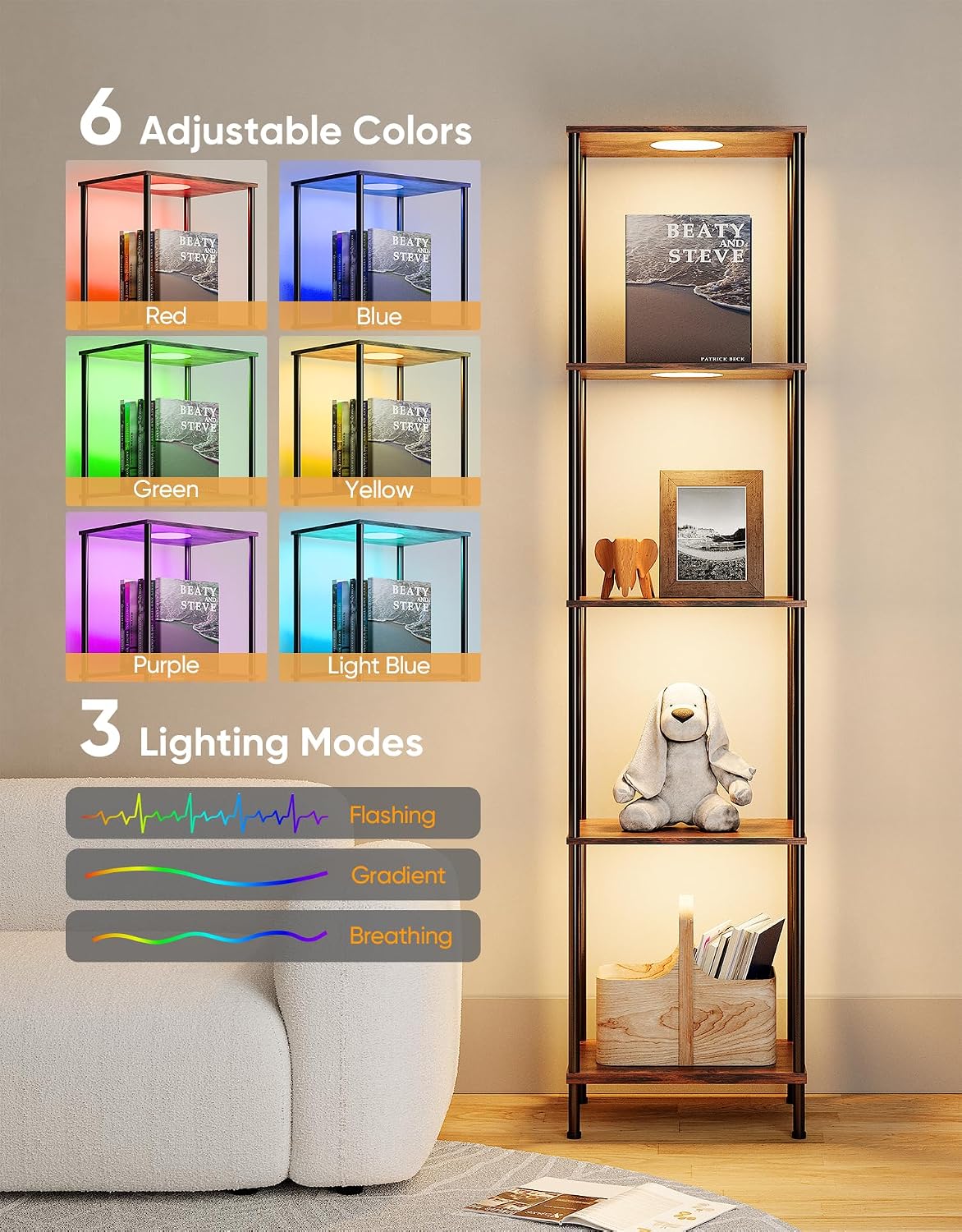 Display Shelf with RGBW Light, Color Changing Curio Cabinet Floor Lamp with Shelves Corner Standing Column Lamp Etagere Organizer Tower Nightstand Bookcase for Living Room Bedroom Office Décor, Brown