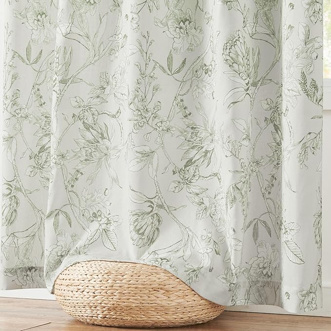 jinchan Floral Curtains 90 Inch Length Sage Green Flower Linen Farmhouse Curtain - Image 7