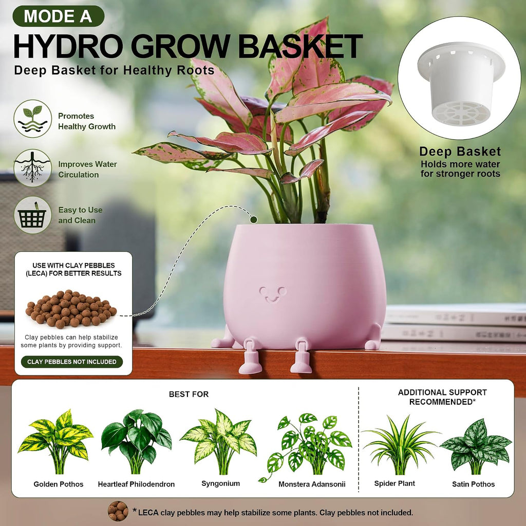 TOPOLA 5.2 Inch Hydroponic Happy Face Planter with 3 Interchangeable Grow Baskets, Water Culture Pot for Pothos, Lucky Bamboo & Plant Propagation, Decorative Desktop Planter for Home & Office, Sakura