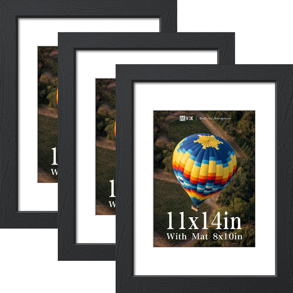 VCK 11x14 Picture Frame 3 Pack, Black Solid Wood, Real Glass, for Photo