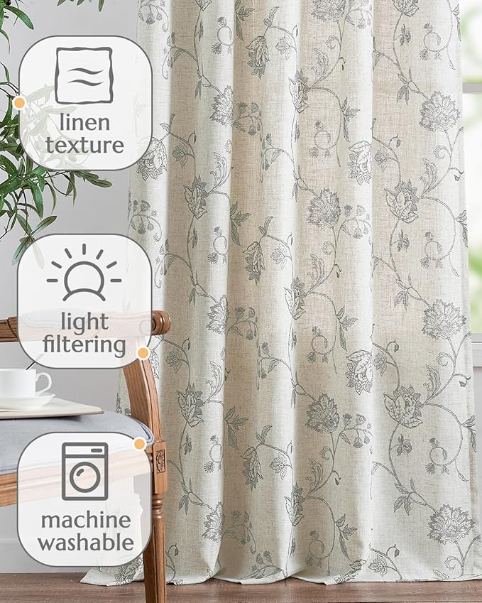 jinchan Linen Curtains Floral Curtains 96 Inch Length - Image 4