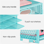 2 Pack 8-Tier Office Desk File Organizer, Letter Tray Paper Organizer with Handle, Including 5 Adjustable Slide Trays for Organizing Desk Workspace Accessories and Supplies (Blue Metal Mesh)
