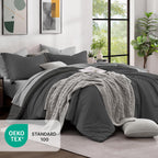 Monbix Queen Comforter Set 7 Pieces Dark Grey Cationic Dyeing Bed in a Bag