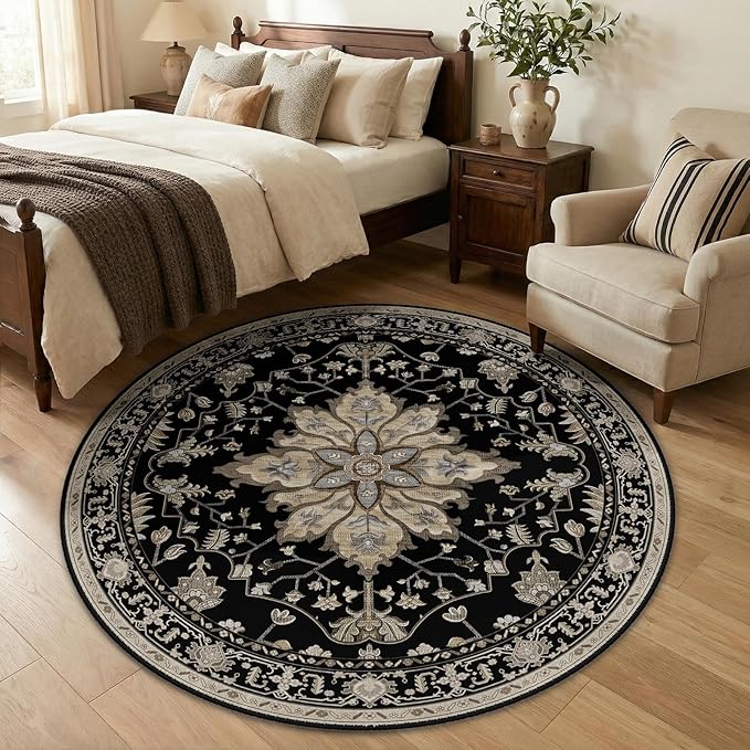 Area Rugs 5ft Washable Non-Slip, Floral Vintage Distress Print Pattern by RELEANY