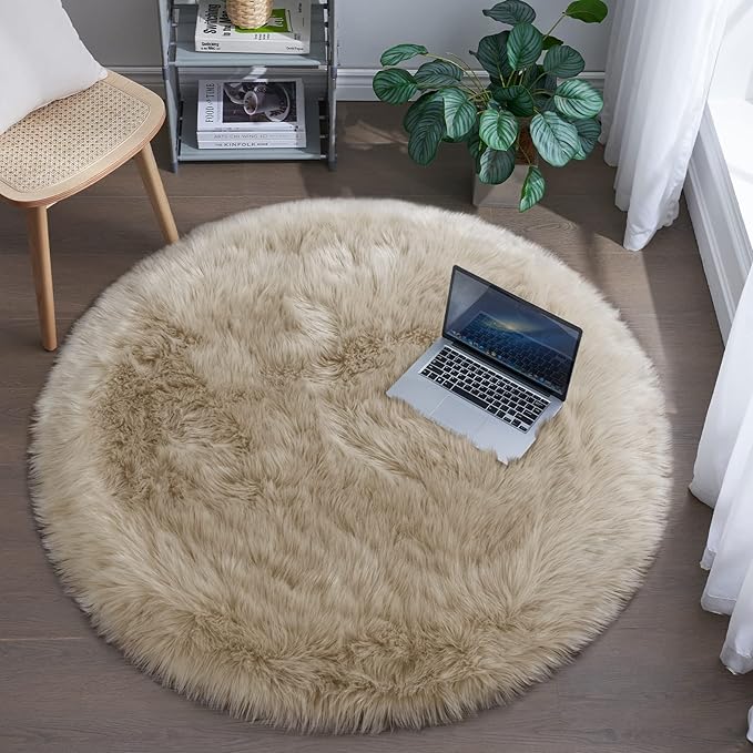 Fluffy Round Rug for Kids Room Beige Circle Faux Fur Area Rug for Bedroom by Tangsoo