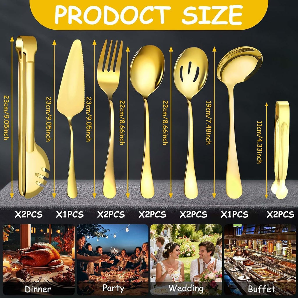 12 Pcs Gold Serving Utensils Set Include Stainless Steel Large Serving Spoons Slotted Spoons Forks Soup Ladle Pie Server - Metal Utensils for Parties Buffet Catering, Dishwasher Safe