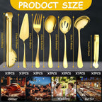 12 Pcs Gold Serving Utensils Set Include Stainless Steel Large Serving Spoons Slotted Spoons Forks Soup Ladle Pie Server - Metal Utensils for Parties Buffet Catering, Dishwasher Safe