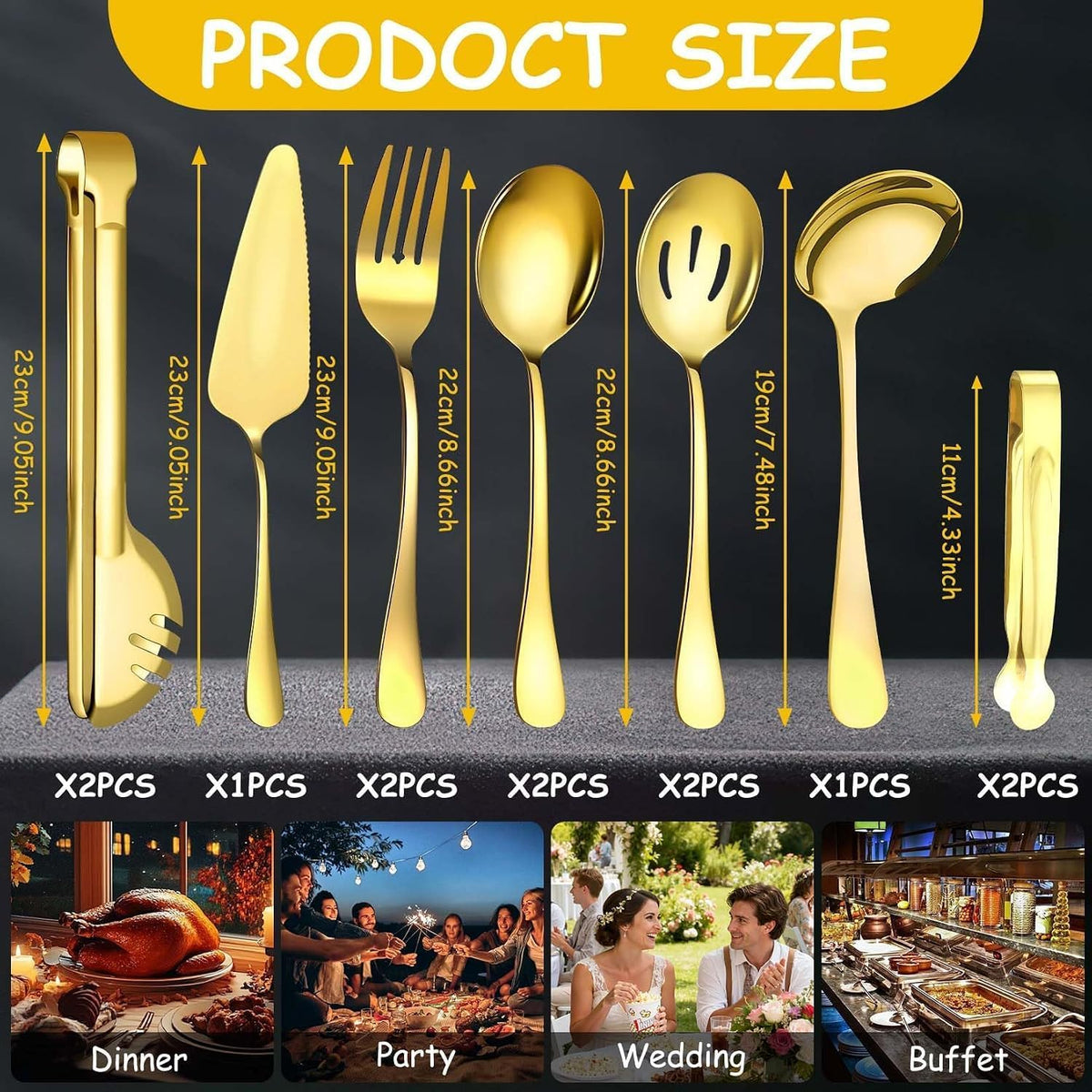 12 Pcs Gold Serving Utensils Set Include Stainless Steel Large Serving Spoons Slotted Spoons Forks Soup Ladle Pie Server - Metal Utensils for Parties Buffet Catering, Dishwasher Safe