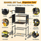 Tool Organizer Cart, 4-Tier with DIY Pegboards & Hooks & Storage Baskets