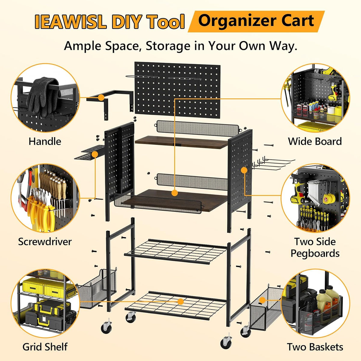 Tool Organizer Cart, 4-Tier with DIY Pegboards & Hooks & Storage Baskets