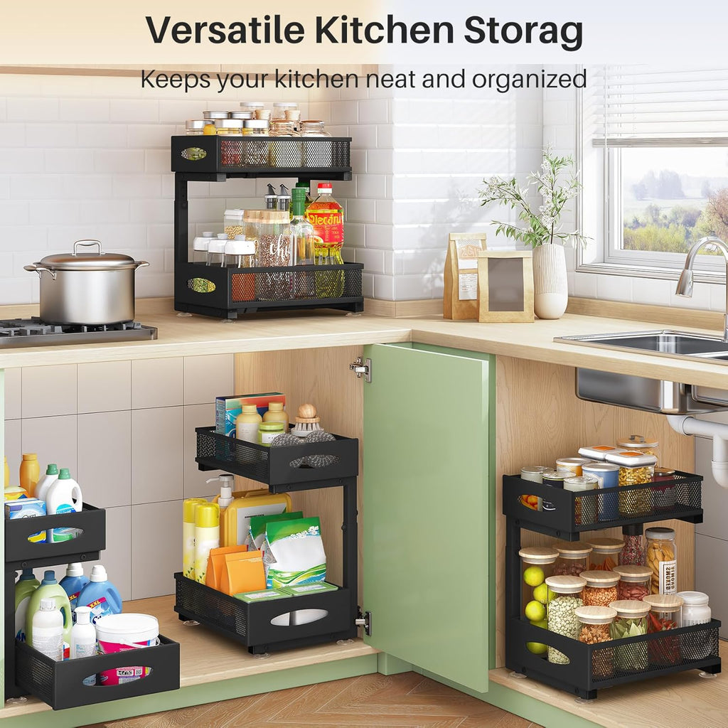 Under Sink Organizer, 2 Tier Pull out Cabinet Organizer Baskets with Mesh Sliding Drawers, Slide out Storage Shelf for Home, Kitchen, Bathroom, Pantry, Office Cabinet, Countertop(1 Pack)