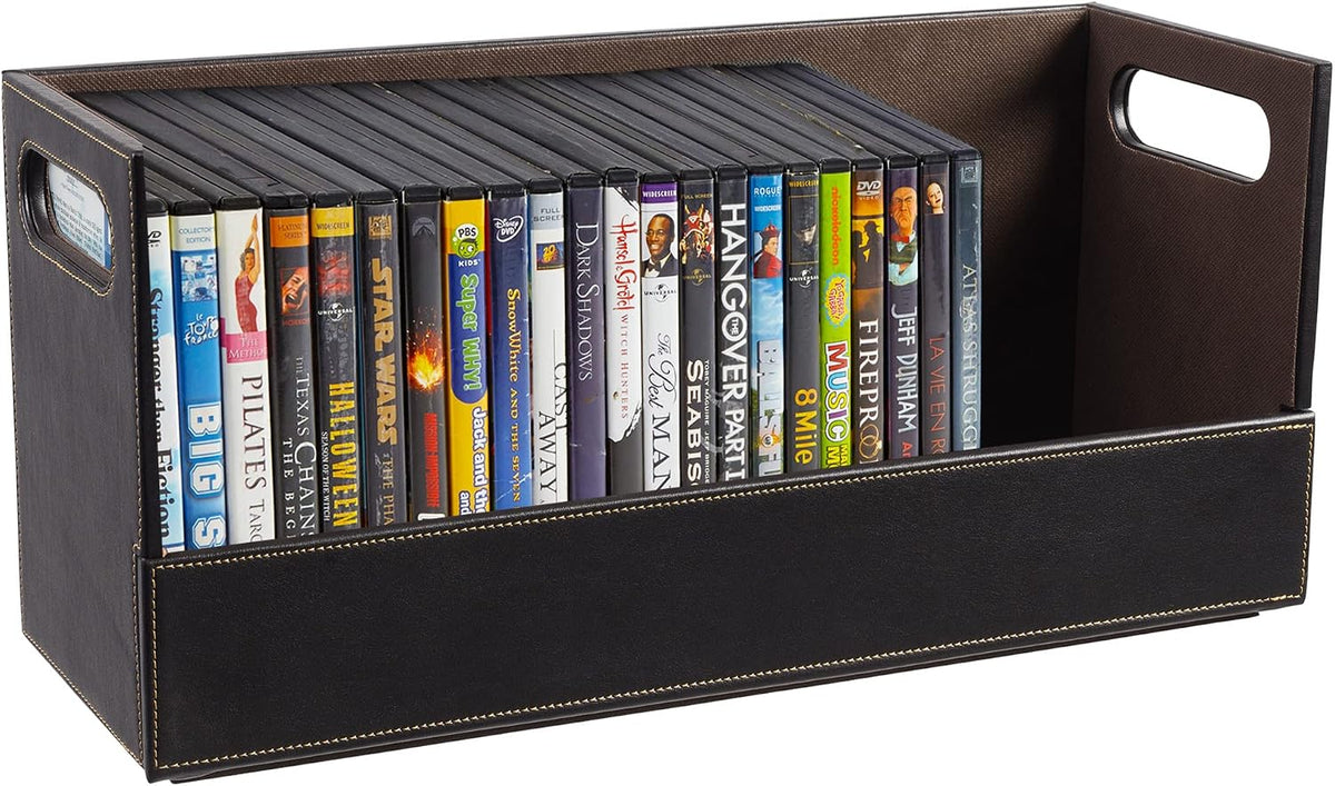 Stock Your Home DVD Storage Box, Movie Shelf Organizer for Blu-Ray, Video Game Cases, CDs, VHS Tape Display Stand, Disc Holder Can Store Up to 28 DVDs, Faux Leather (Espresso)