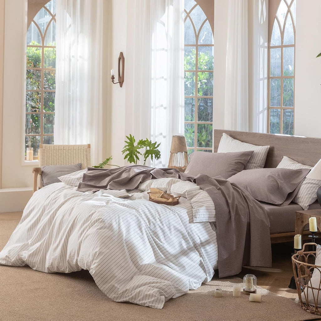 MooMee Sheet Set 100% Washed Cotton Linen-Like Extra Deep Pocket Queen
