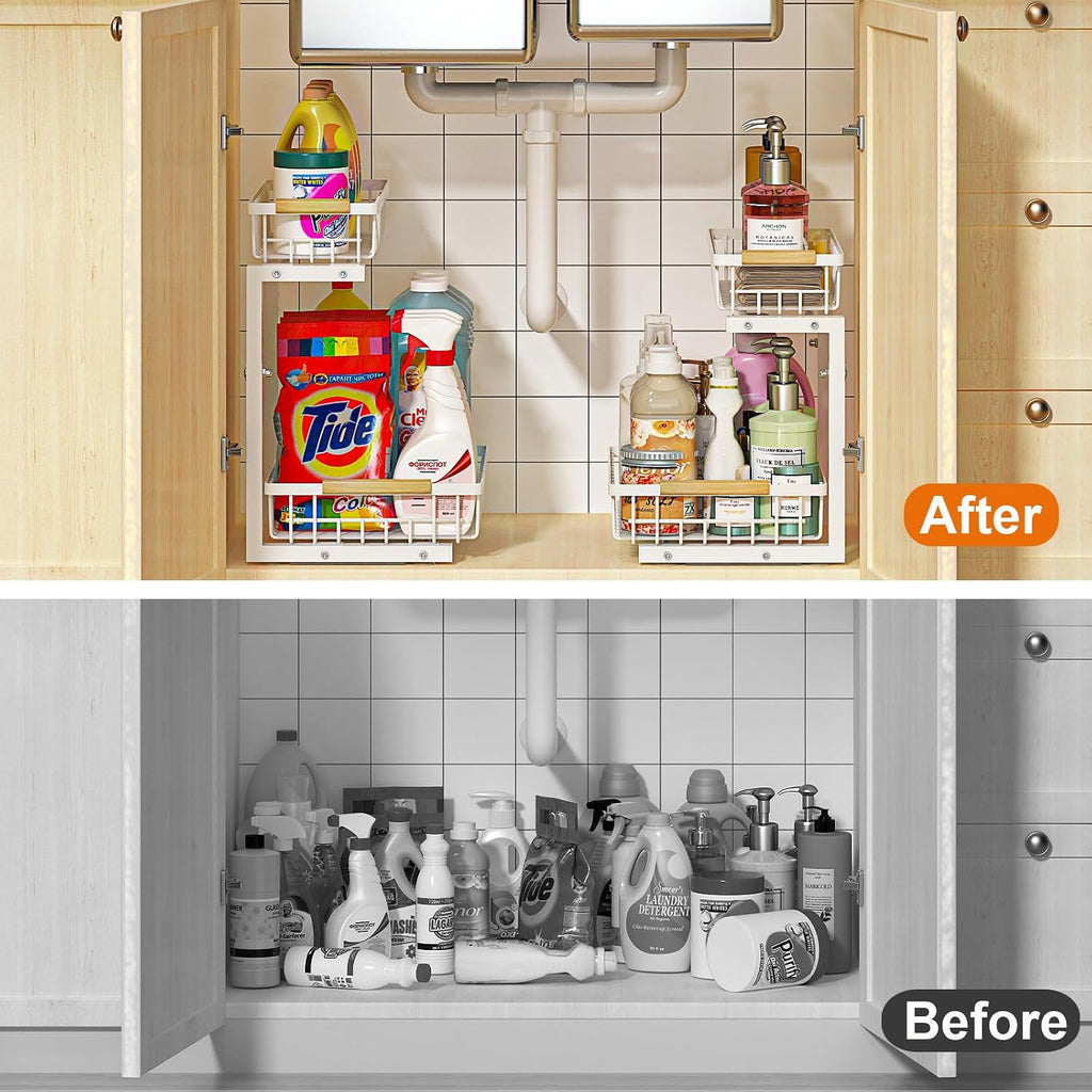 REALINN Under Sink Organizer, White 2 Pack Height Adjustable