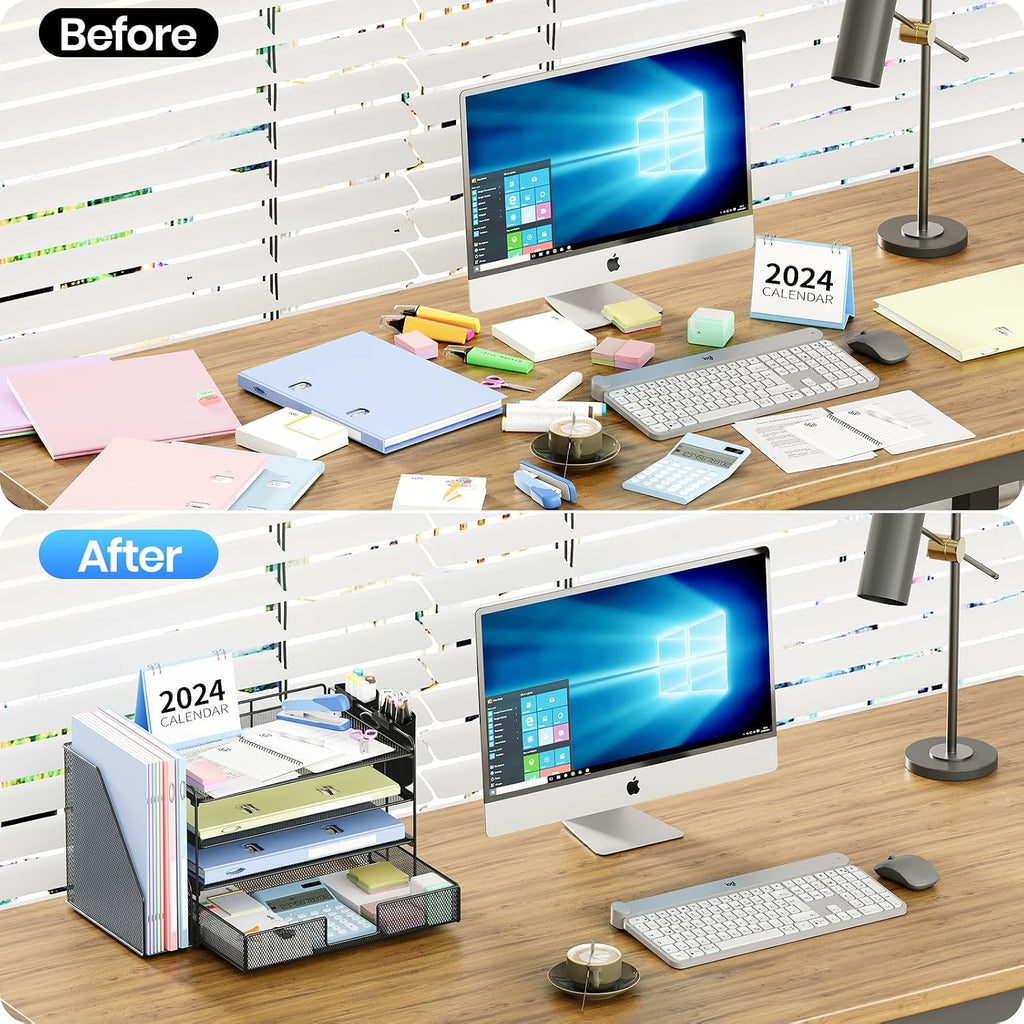 Desk Organizer, 4-Tier Desktop File Organizer with Drawer and Pen Holders, Office Desk Accessories, File Sorters, Workspace Organizers for Office Supplies(Black)